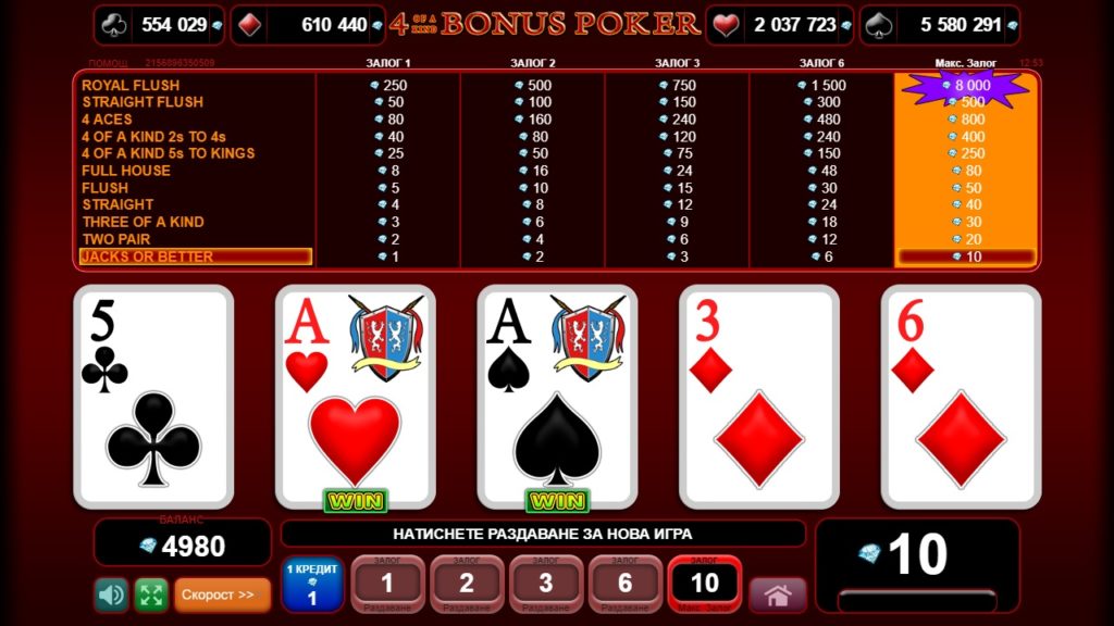 4 of a Kind Bonus Poker Таблица