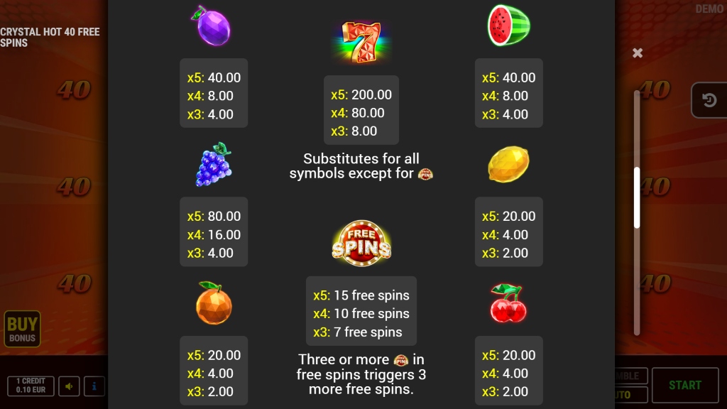 Crystal Hot 40 Free Spins Symbols